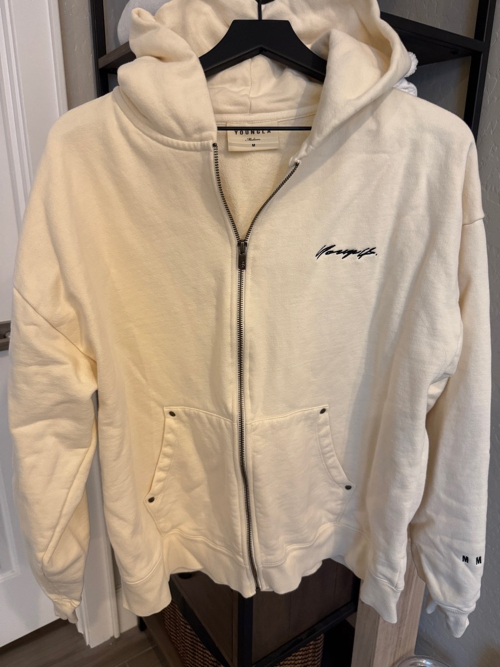 YoungLA Cream Zip-Up Hoodie with Script Logo